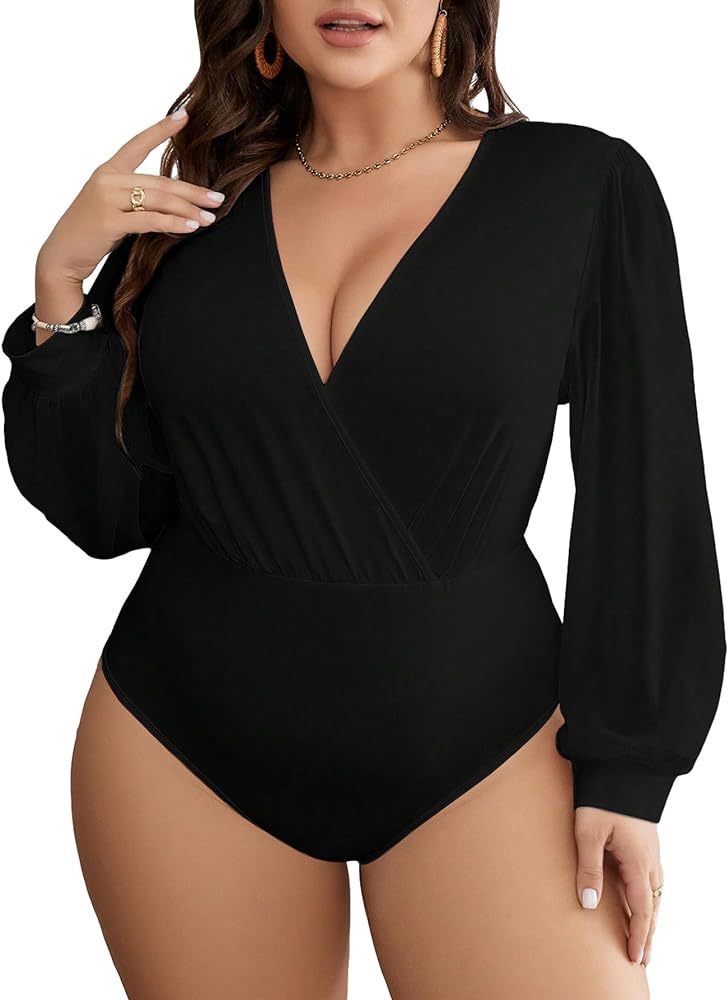 Floerns Women's Plus Size Wrap Surplice Deep V Neck Bishop Long Sleeve Bodysuit Tops