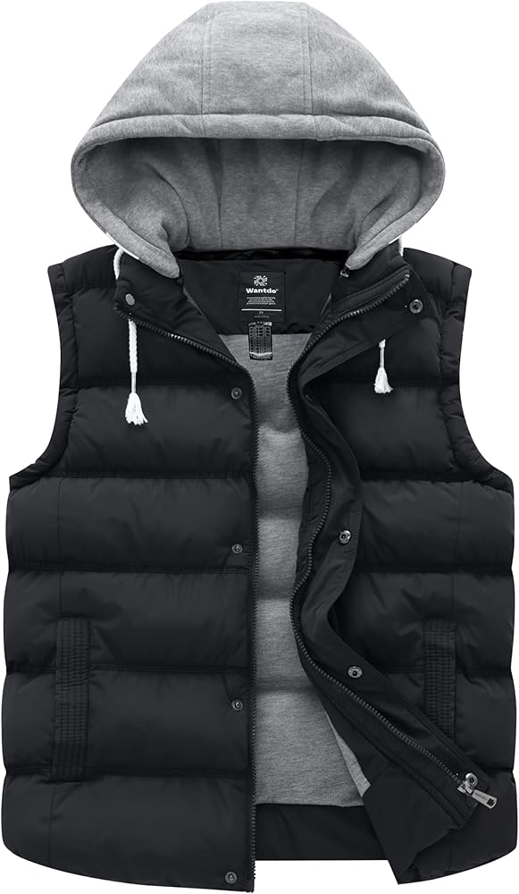 wantdo Women's Plus Size Windproof Puffer Vest Quilted Winter Vest Thicken Jacket with Detachable Hood