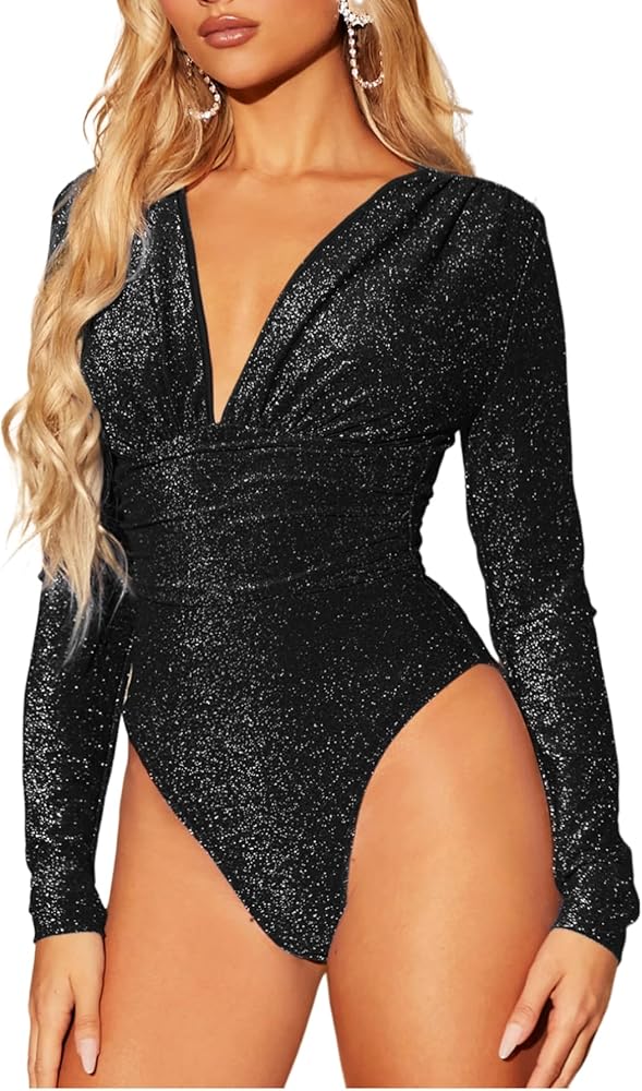 Floerns Women's Ruched Front Deep V Neck Leotard Top Long Sleeve Glitter Bodysuit