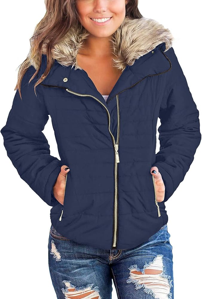 luvamia Women Casual Warm Winter Faux Fur Quilted Parka Lapel Zip Jacket Puffer Coat