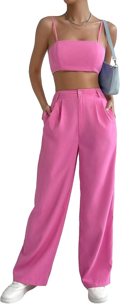 Floerns Women's Two Piece Outfit Solid Crop Cami Top with Wide Leg Pants Set