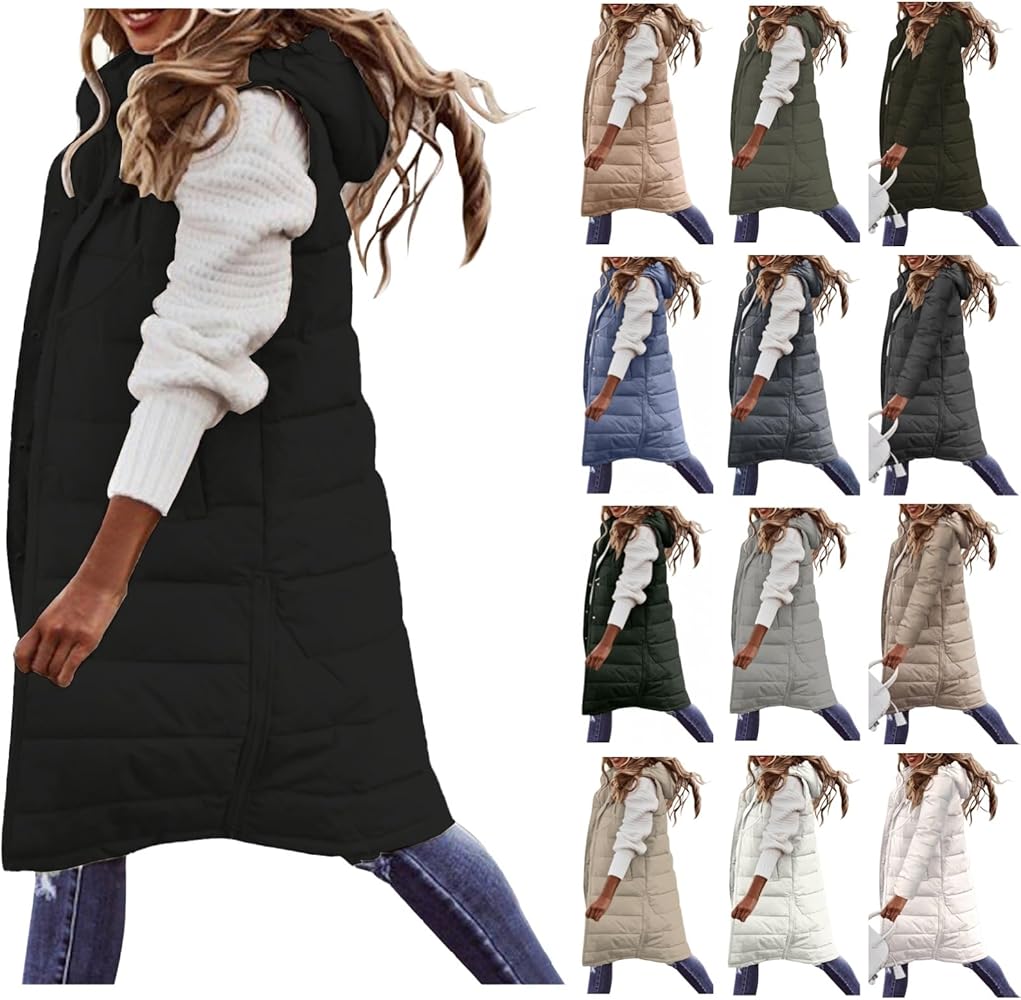 Women's Long Quilted Puffer Vest Hooded Sleeveless Zip Up Puffy Jacket Winter Warm Thicken Down Coat Windbreakers