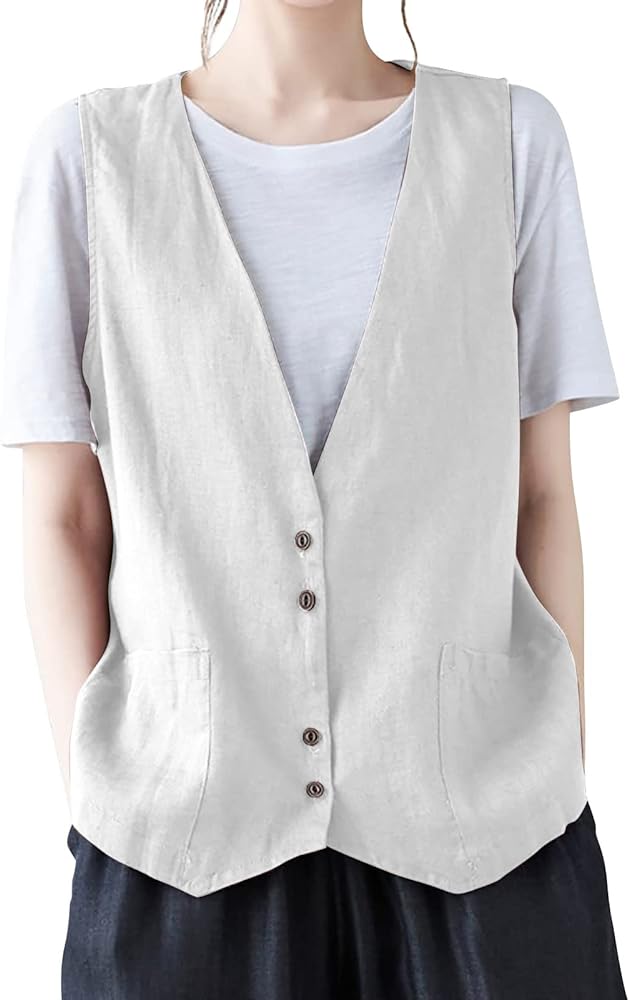 COTECRAM Womens Vest 2023 Summer Cotton Linen Vest Top Fashion Casual Sleeveless Button Down Jacket Loose Vests Outerwear