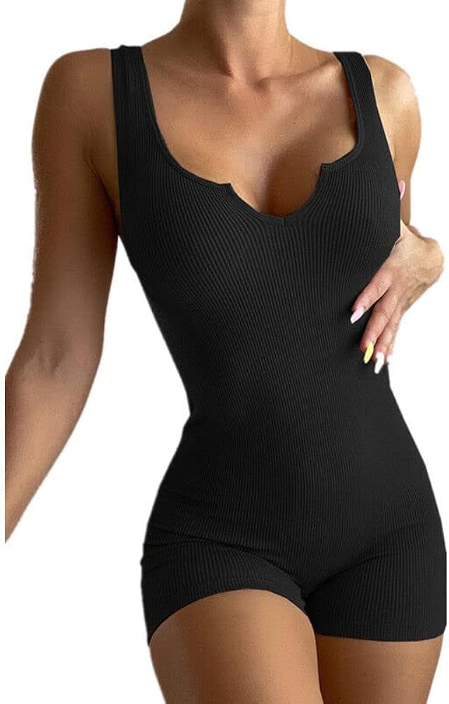 Womens Sexy Ribbed Sleeveless Bodysuit Stretch Leotard Shorts Romper Jumpsuit