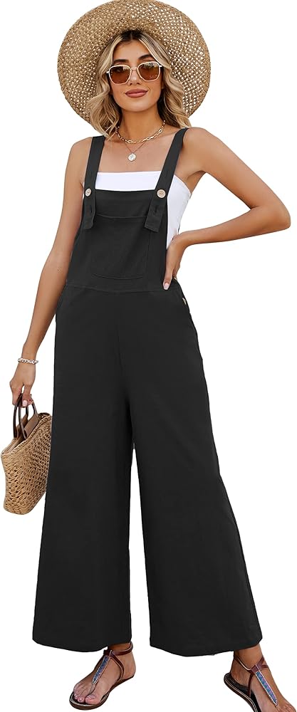 PEHMEA Women's Casual Cotton Wide Leg Overalls Sleeveless Baggy Rompers Loose Fit Jumpsuits(Black-XL)