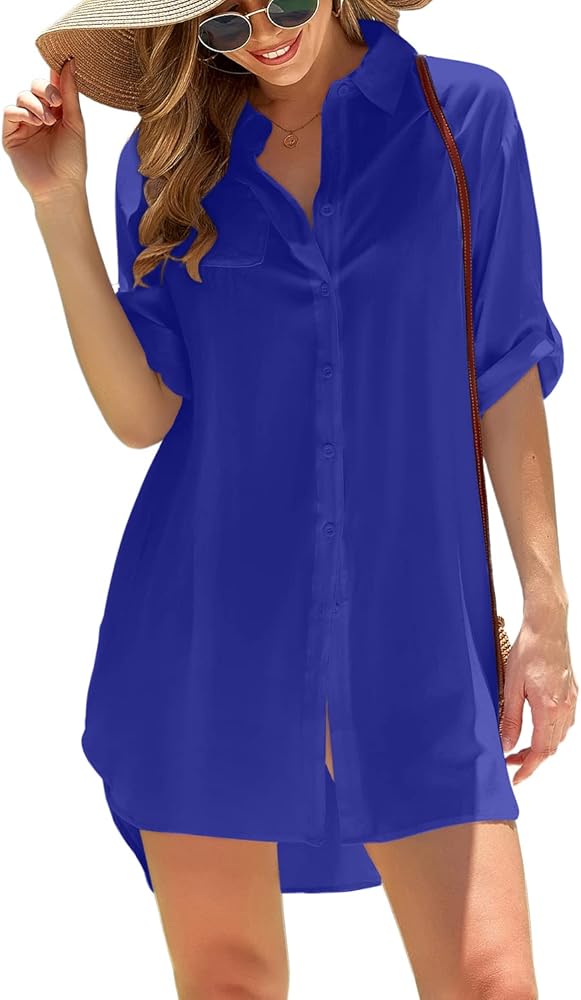 Pinup Fashion Womens Swimsuit Coverup Button Up Swim Cover Ups for Swimwear Women Shirt Bathing Suit Cover Up Beach Coverups