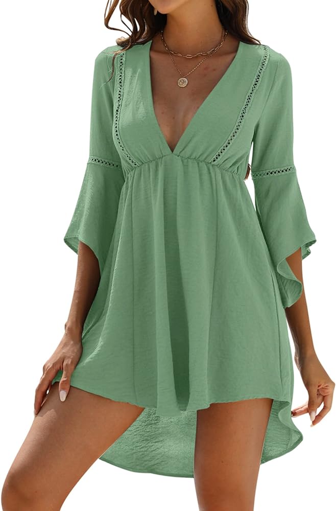 Women Swimsuit Cover up 2023 Summer Casual Beach Dress Sexy V Neck Bathing Suit Cover up Dress for Swimwear