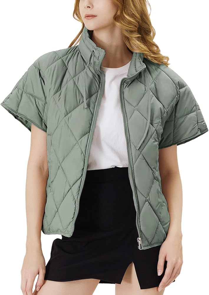 Women's Puffer Vest Short Sleeves Lightweight Outerwear Vests Quilted Jacket Coat with Pockets