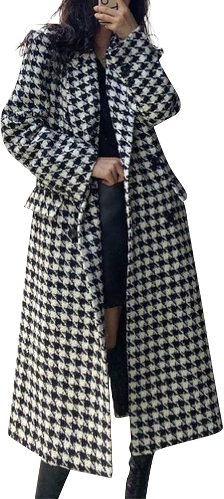 Women's Long Wool Coat Houndstooth Thickened Warm Mid Length Cold And Windproof Coat Trench Costume, S-XL