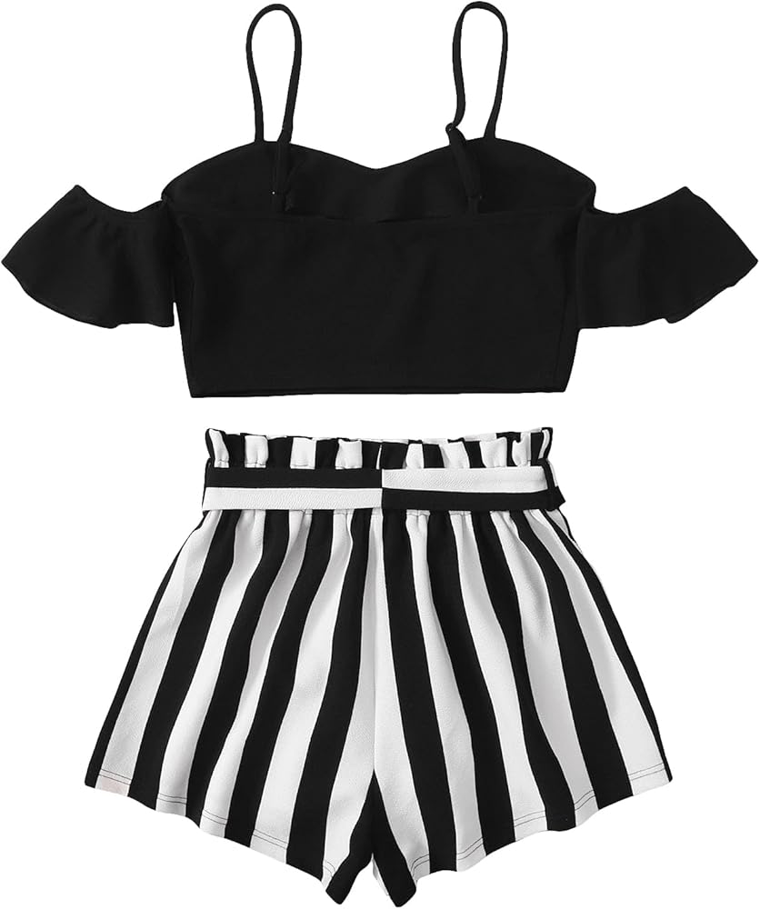 Verdusa Women's Elegant Two Piece Outfits V Neck Cold Shoulder Crop Top High Waist Belted Striped Shorts Set