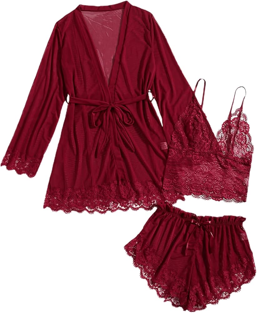 MakeMeChic Women's 3 Piece Sleepwear Floral Lace Lingerie Cami Pajama Set with Robe