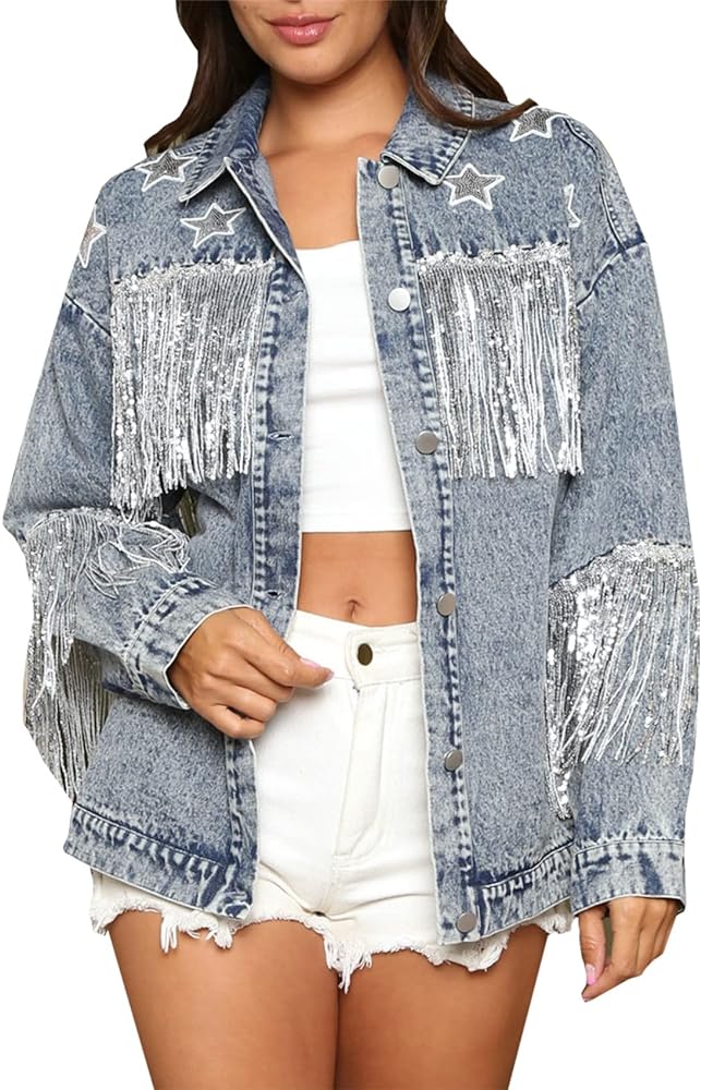 Women's Boyfriend Denim Jacket Long Sleeve Oversized Fringe Jean Jacket Coats