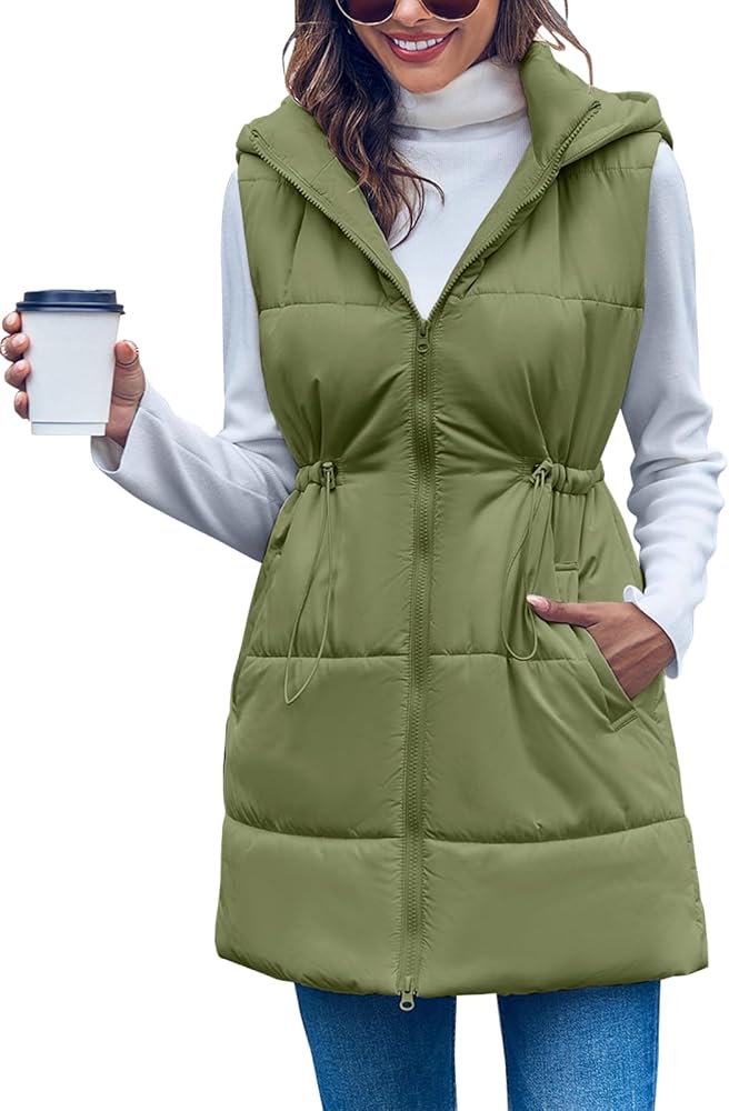 Inorin Womens Quilted Puffer Vests Hooded Sleeveless Long Outwear Jacket Zip Up Winter Coat with Pockets