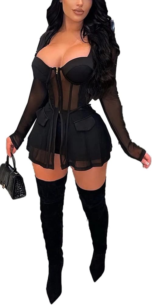 Mintsnow Two Piece Outfits for Women Sexy Clubwear Mesh Patchwork Zipper with Pad Tops Shorts Rompers Sets