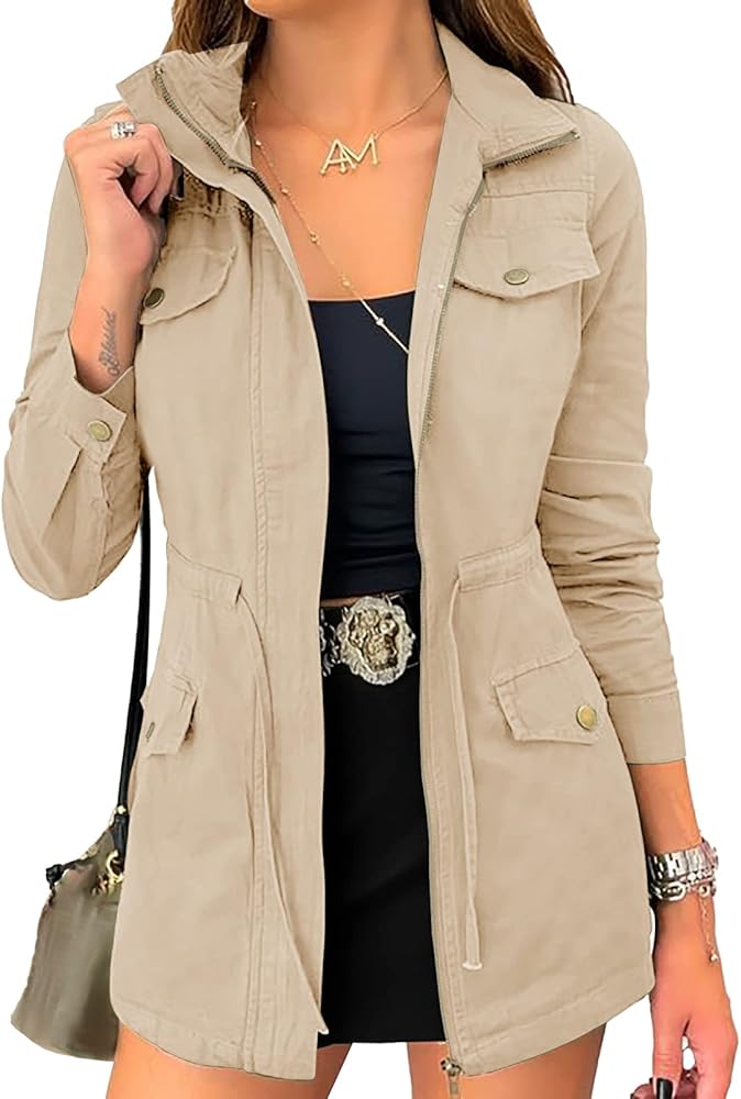 Saudacdn Womens Button Zip Up Jacket Military Anorak Long Sleeve Utility Drawstring Waist Coat Lightweight