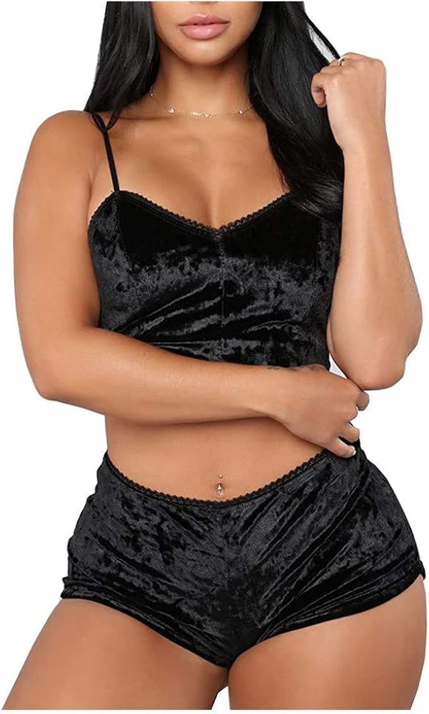 AWIBMK Women's Velvet 2 Piece Outfit Spaghetti Strap Sleeveless Crop Top Camisole and Shorts Pajamas Set Sleepwear Nightwear