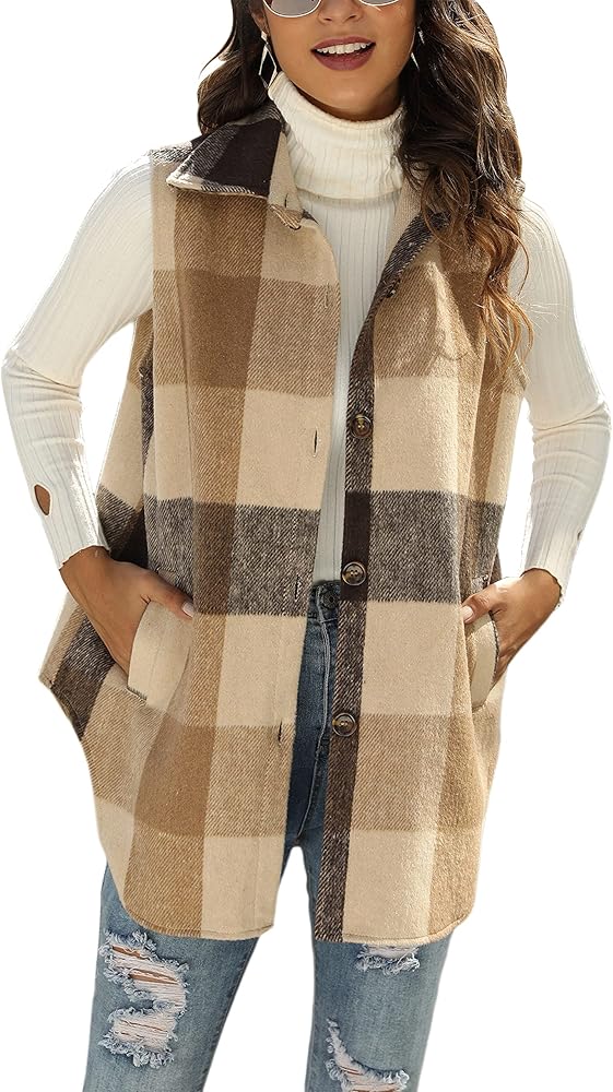 UANEO Womens Fall Flannel Plaid Vest Button Down Sleeveless Shirt Jacket With Pockets