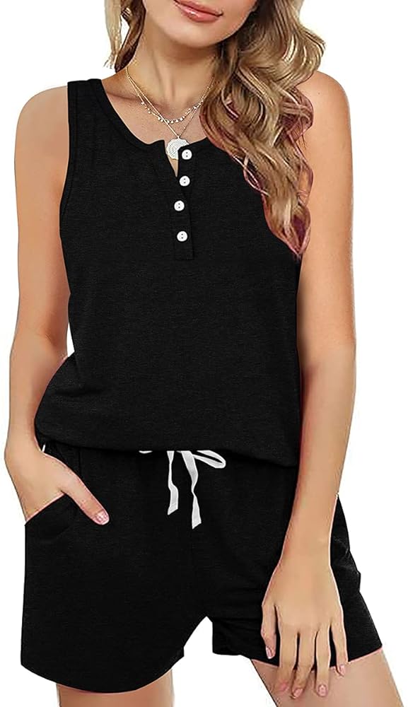 Dofaoo Two Piece Outfits for Women Button Henley Tank Short Set with Pockets