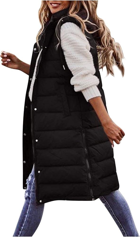 Long Puffer Vest for Women Plus Size Lightweight Hoodie Jacket Sleeveless Quilted Cropped Zip up Winter Coats Outwear