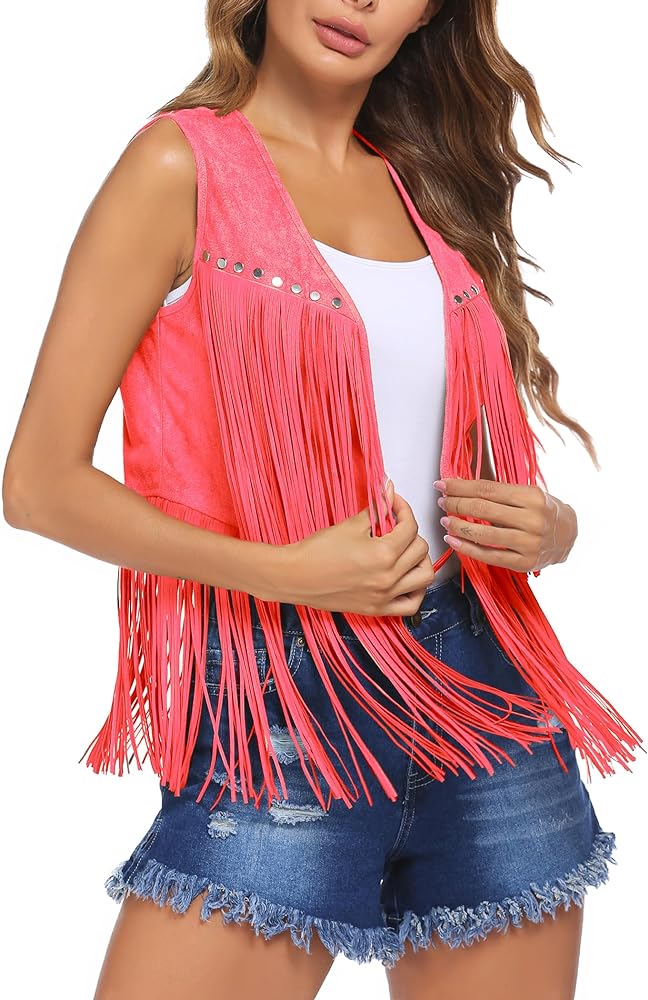 HOTLOOX Women Fringe Vest 70s Hippie Faux Suede Rivets Sleeveless Cowgirl Costume Jacket XS-5XL