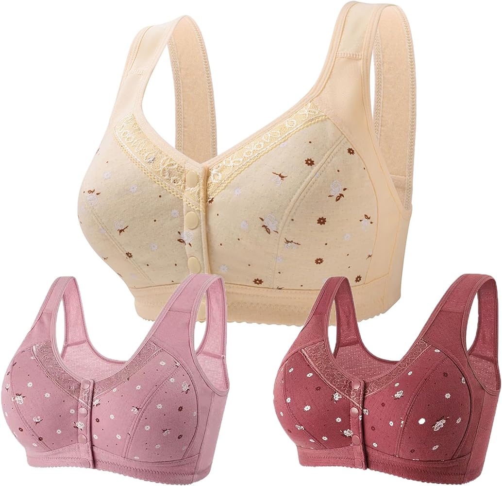 3Pc Women Comfortable Daisy Bra 2024 New Comfortable Front Closure Button Cotton Bras Full Coverage Bras for Women