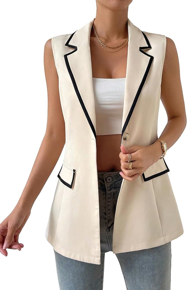 WDIRARA Women's Colorblock V Neck Sleeveless Button Front Blazer Vest Jacket Casual Waistcoat