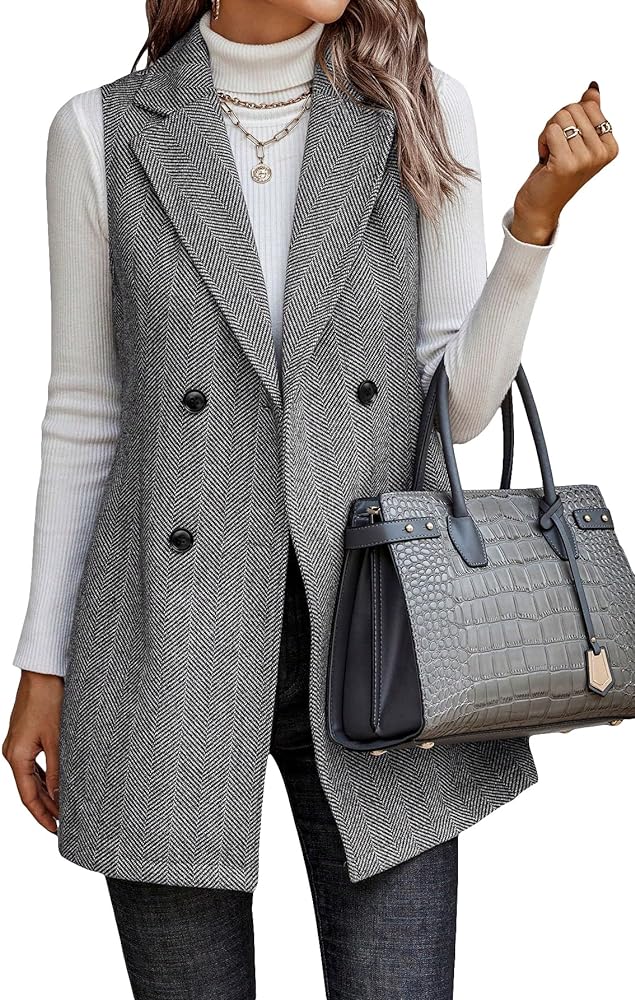 MakeMeChic Women's Double Breasted Long Vest Button Front Lapel Collar Sleeveless Blazer Jacket Outerwear