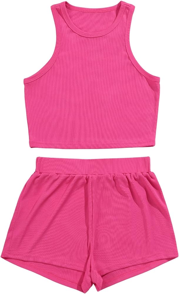 Verdusa Women's 2 Piece Outfit Sleeveless Crop Tank Top and Shorts Tracksuit Set