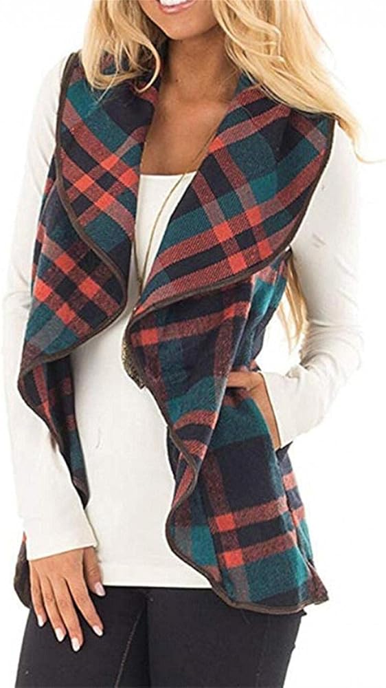 Womens Casual Lapel Open Front Plaid Vest Cardigan Coat Fall Winter Sleeveless Gilet Jacket Outwear with Pockets