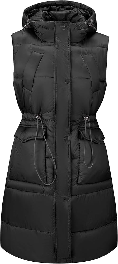 RISISSIDA Women Long Loose Puffer Vest Quilted Hooded Spring Fall Fashion, Lightweight Padded Oversized Thermal Gilet