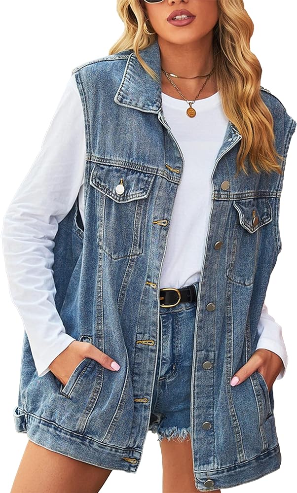 Zontroldy Denim Jean Vest for Women Sleeveless Oversized Button Down Denim Jean Vest Waistcoat Shacket Jacket