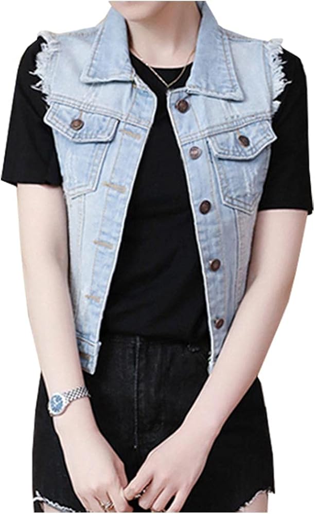 Ladyful Women's Ripped Denim Vest Sleeveless Classic Lapel Jean Jacket Coat Outerwear