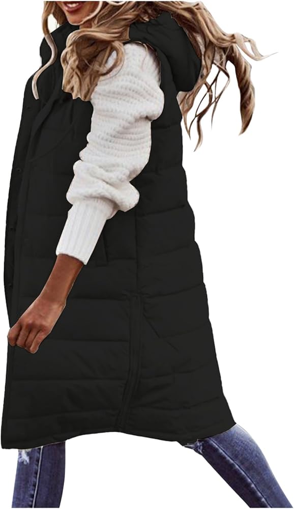 Women's Long Puffer Vest Hoodies Jacket Full Zipper Sleeveless Coats Thickened Warm Slim Quilted Windbreakers