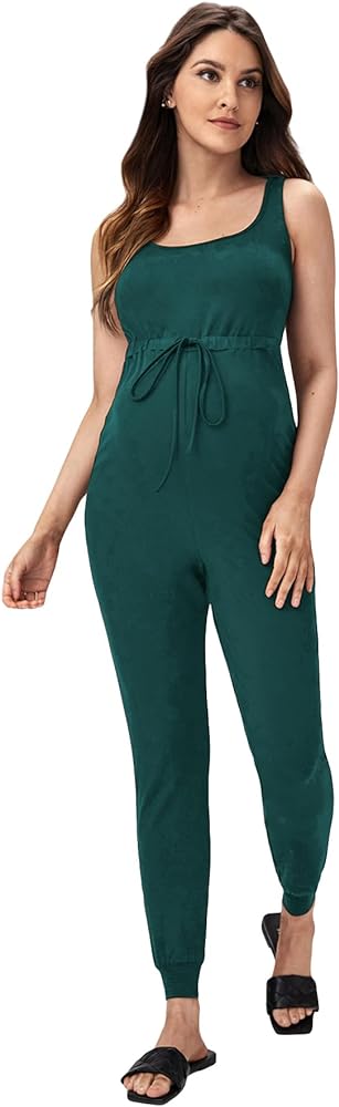 OYOANGLE Women's Maternity Scoop Neck Sleeveless Drawstring Waist Pants Romper Jumpsuit