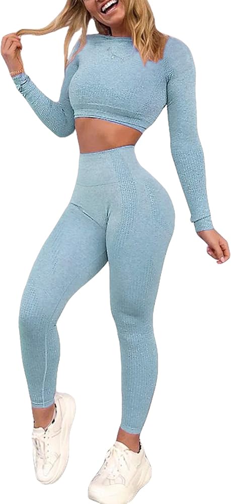 YOFIT Women's Workout Outfit 2 Pieces Seamless High Waist Yoga Leggings with Long Sleeve Crop Top Gym Clothes Set