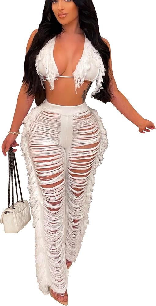 Bluewolfsea Women Summer Sexy 2 Piece Beach Outfits Jumpsuit Knitted Hollow Out Halter Fringe Bikini Top Pants Set