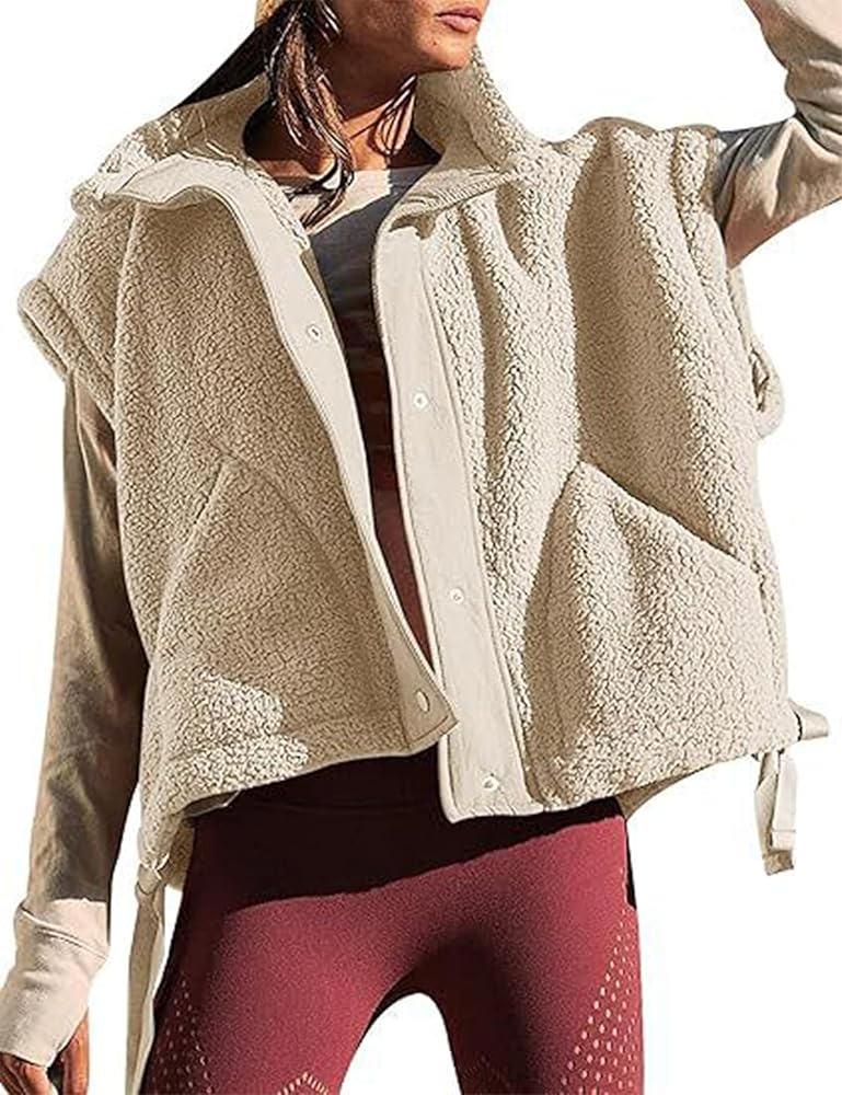 Womens Fuzzy Fleece Vest Casual Oversized Sleeveless Sherpa Jacket Warm Button Down Outerwear with Pockets