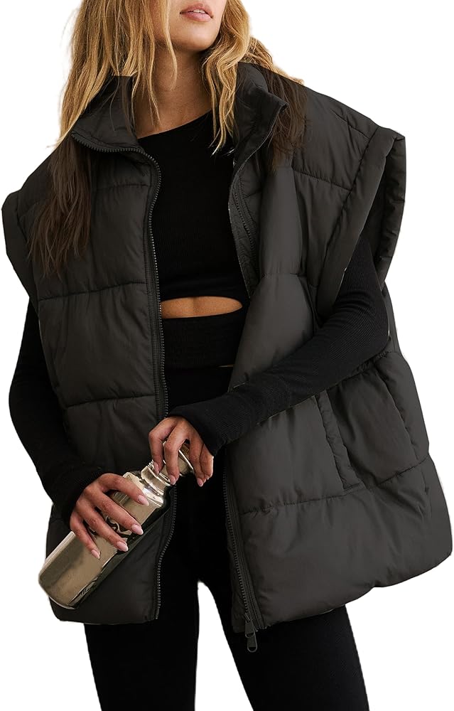 Women Oversized Puffer Vest Winter Insulated Lightweight Flysleeve Puffy Jackets Coats Outerwear with Pockets