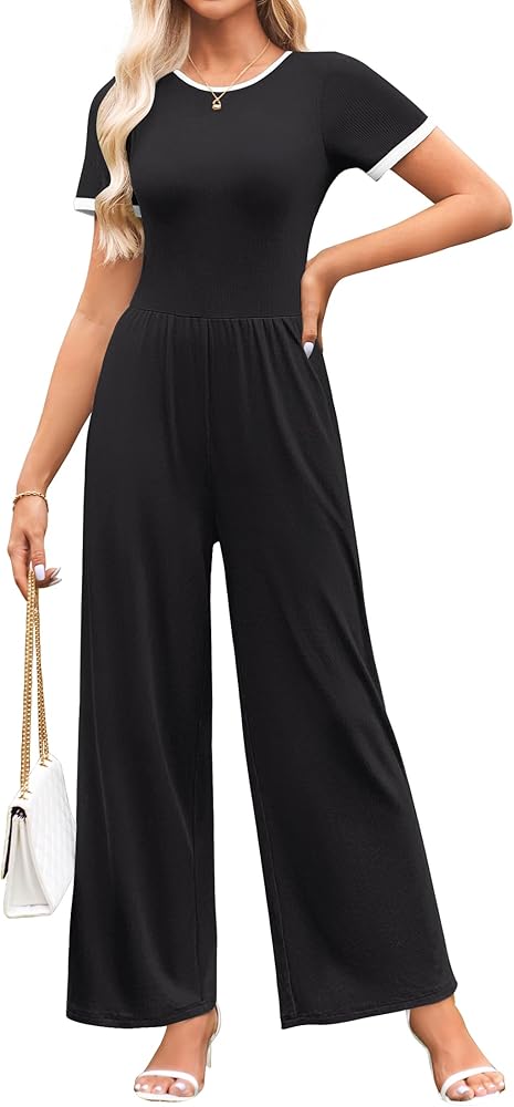 ZESICA Women's Short Sleeve Jumpsuits Dressy Summer Casual Fashion Outfits One Piece Wide Leg Rompers