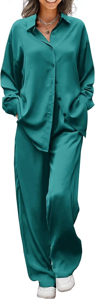 Ekouaer Womens 2 Piece Silk Satin Pajama Set Long Sleeve Lounge Sets Button Down Shirts and Pants PJs Soft Sleepwear Sets