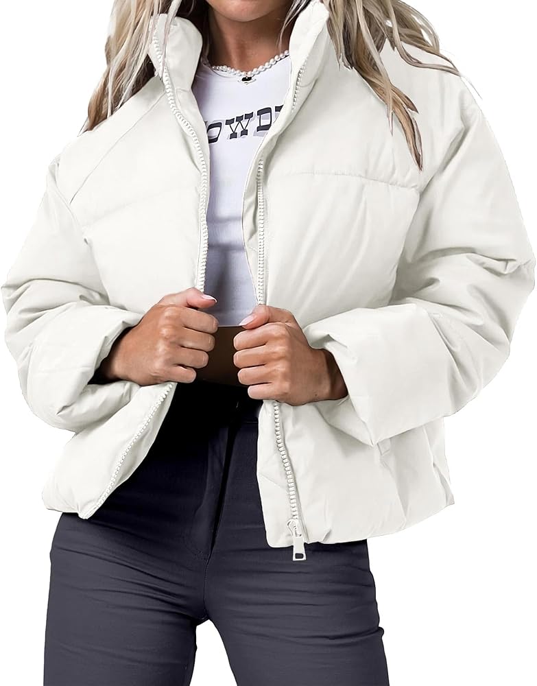 Womens Puffer Jacket Cropped Long Sleeve Zip Up Baggy Short Down Coats with Pockets