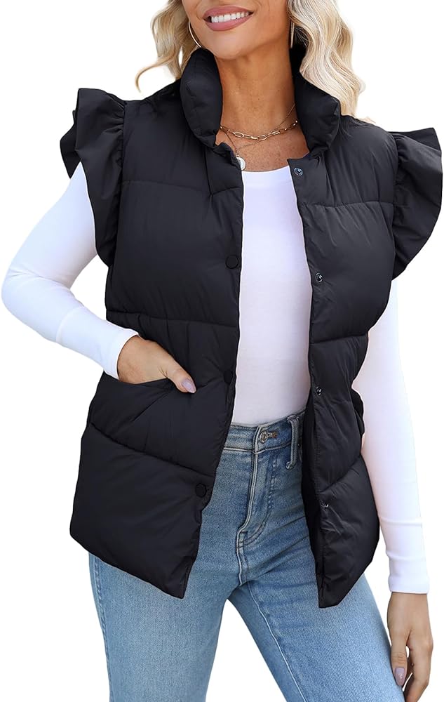 Kedera Women's Ruffle Sleeve Puffy Puffer Vests Winter Button Down Padded Gilet with Pocket