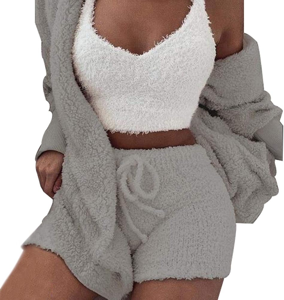 VNVNE Womens Sexy Fuzzy Warm Sherpa Fleece 3 Piece Outfit Fleece Coat Jacket Outwear and Spaghetti Strap Crop Top Shorts Set