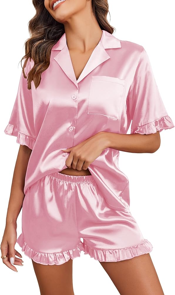 Ekouaer Womens Satin Pajamas Set Button Down Silk 2 Piece Pj Sets Ruffled Short Sleeve Sleepwear