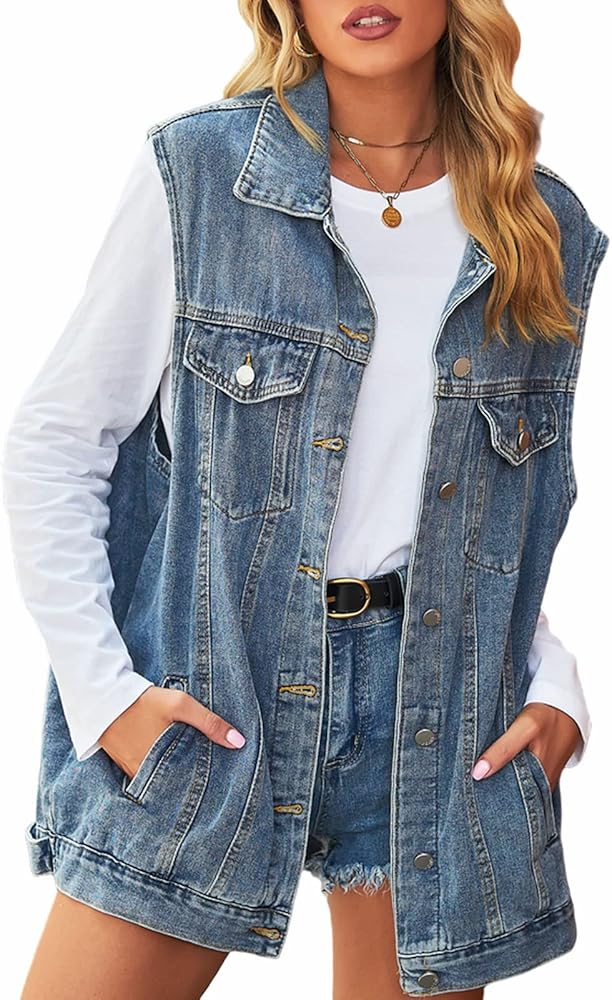 Women's Denim Vest Oversized Casual Classic Sleeveless Button Denim Jacket