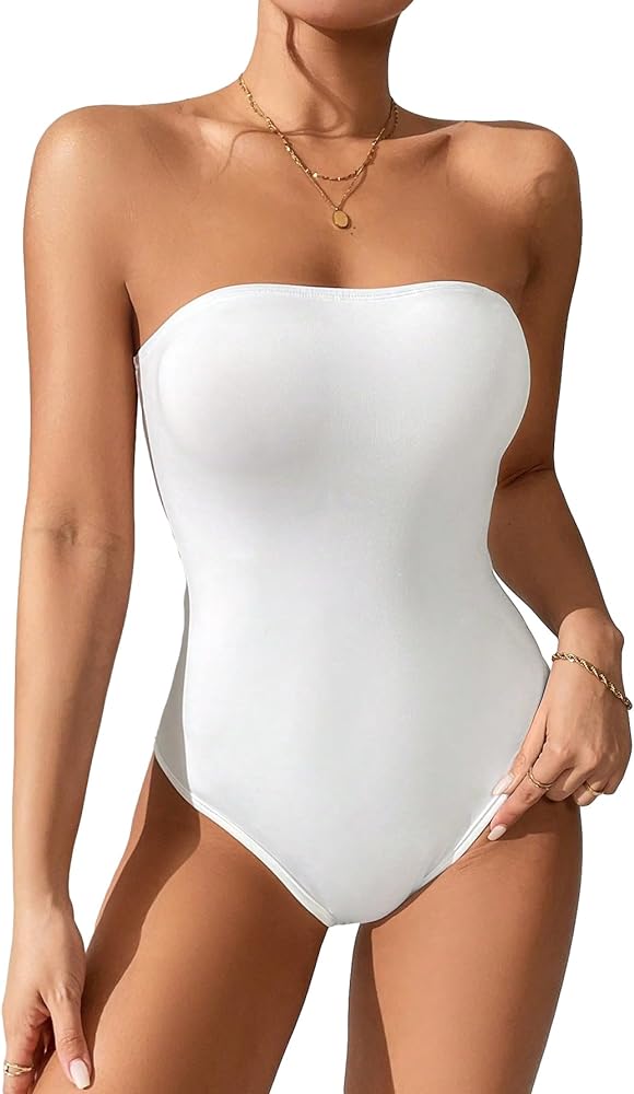 SOLY HUX Women's Strapless Tube Bodysuit Tops Sleeveless Solid Leotard Plain White Petite L