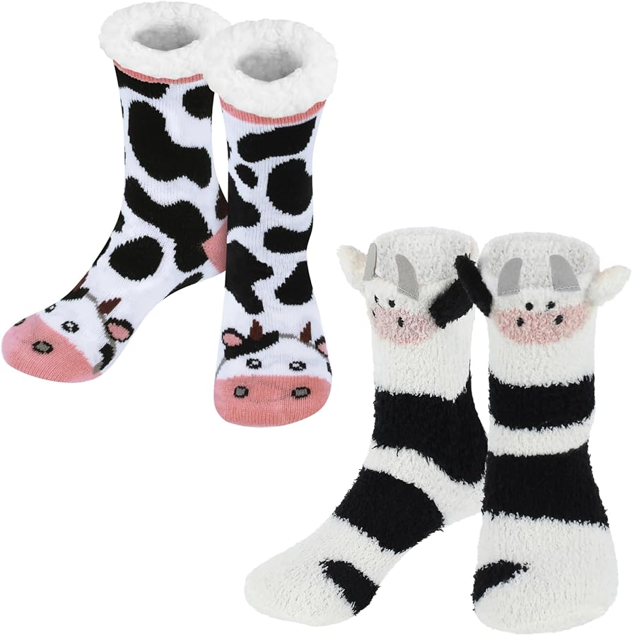 2 Pairs Christmas Fuzzy Socks for Women Slipper Winter Socks Fluffy Cow Socks Warm Plush Soft Cozy Cow Print Gifts Cute Fuzzy Socks for Women Animal Sleeping Supplies