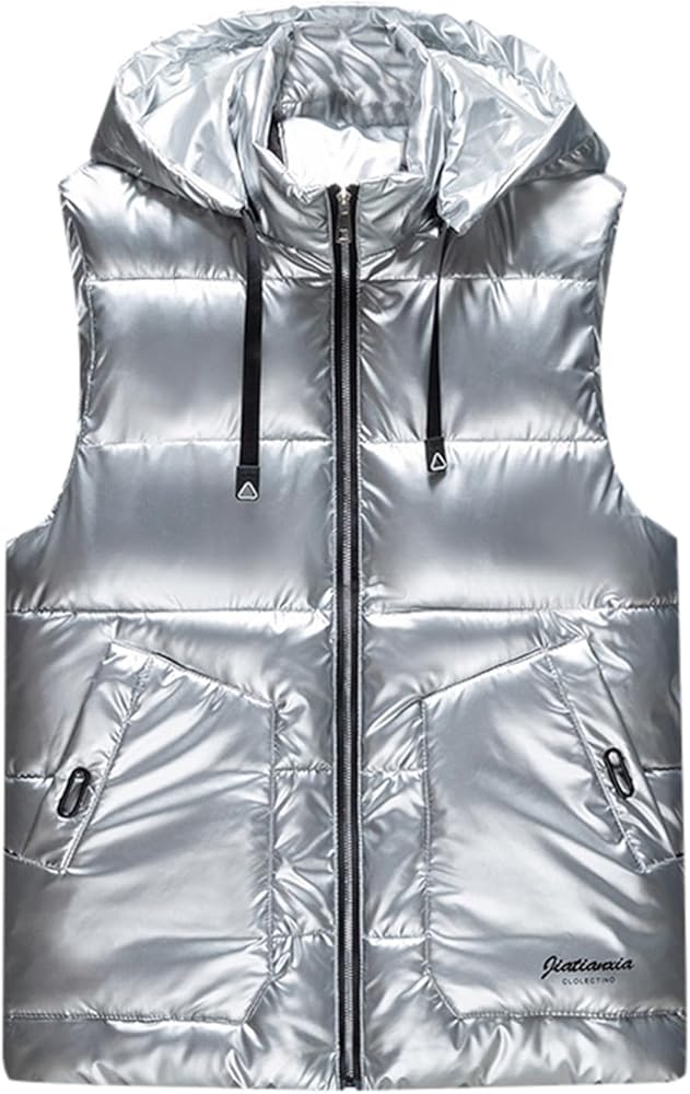 Women Shiny Insulated Puffer Vest Lightweight Down Jacket Sleeveless Padded Coat Hooded Zip Metallic Outerwear