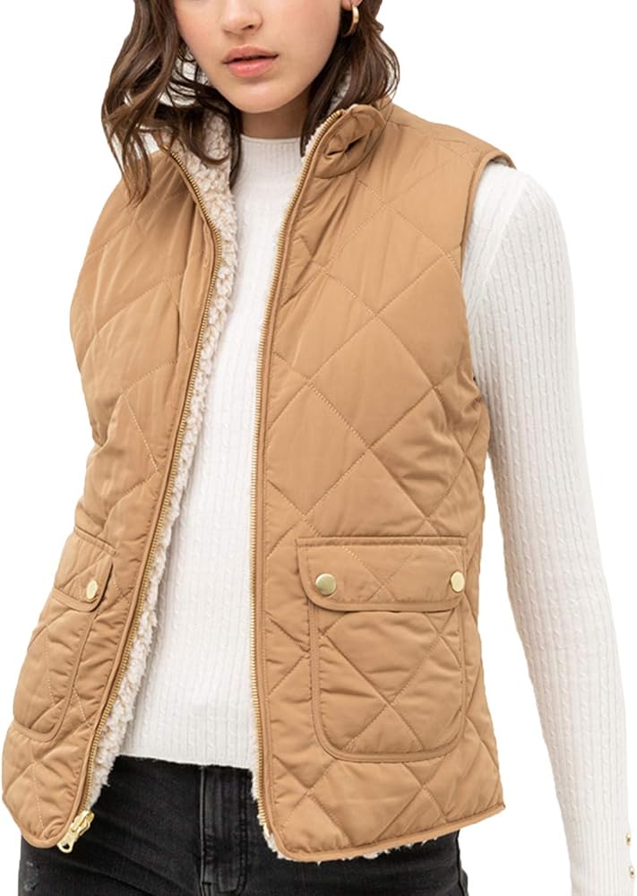 NE PEOPLE Women’s Quilted Vest – Reversible Lightweight Sleeveless Full Zip Up Faux Fur Lining Gilet Jacket with Pockets