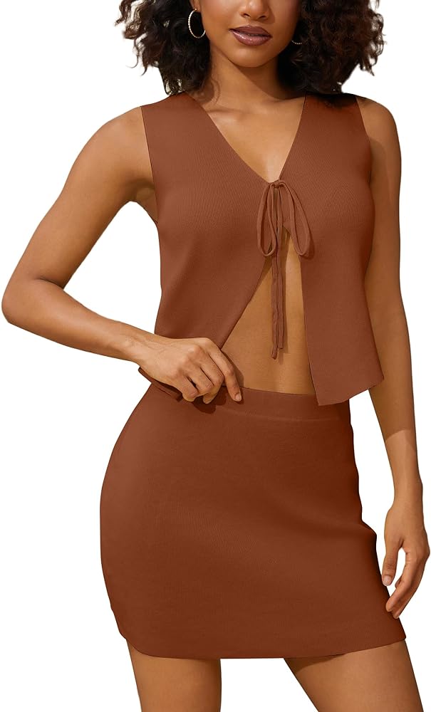 Women Sexy Knit Two Pieces Mini Skirts Set Sleeeveless V Neck Self Tie Slit Front Crop Vest Top Short Skirts Sets